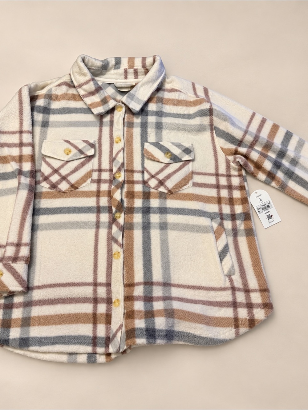 ARULA Cream Plaid Button-Front Fleece Shacket Jacket  NWT